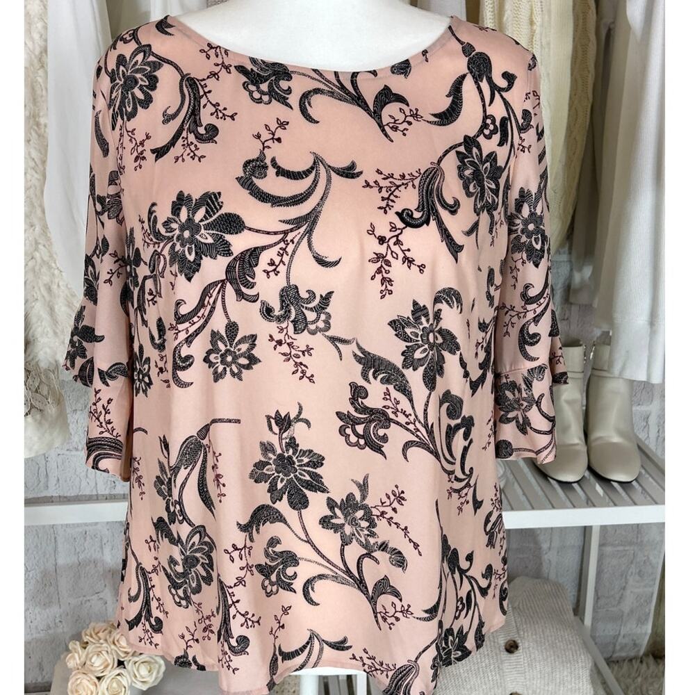 Liz Claiborne Career Women's Sz XL Light Pink Floral Ruffle Sleeve Blouse #0292